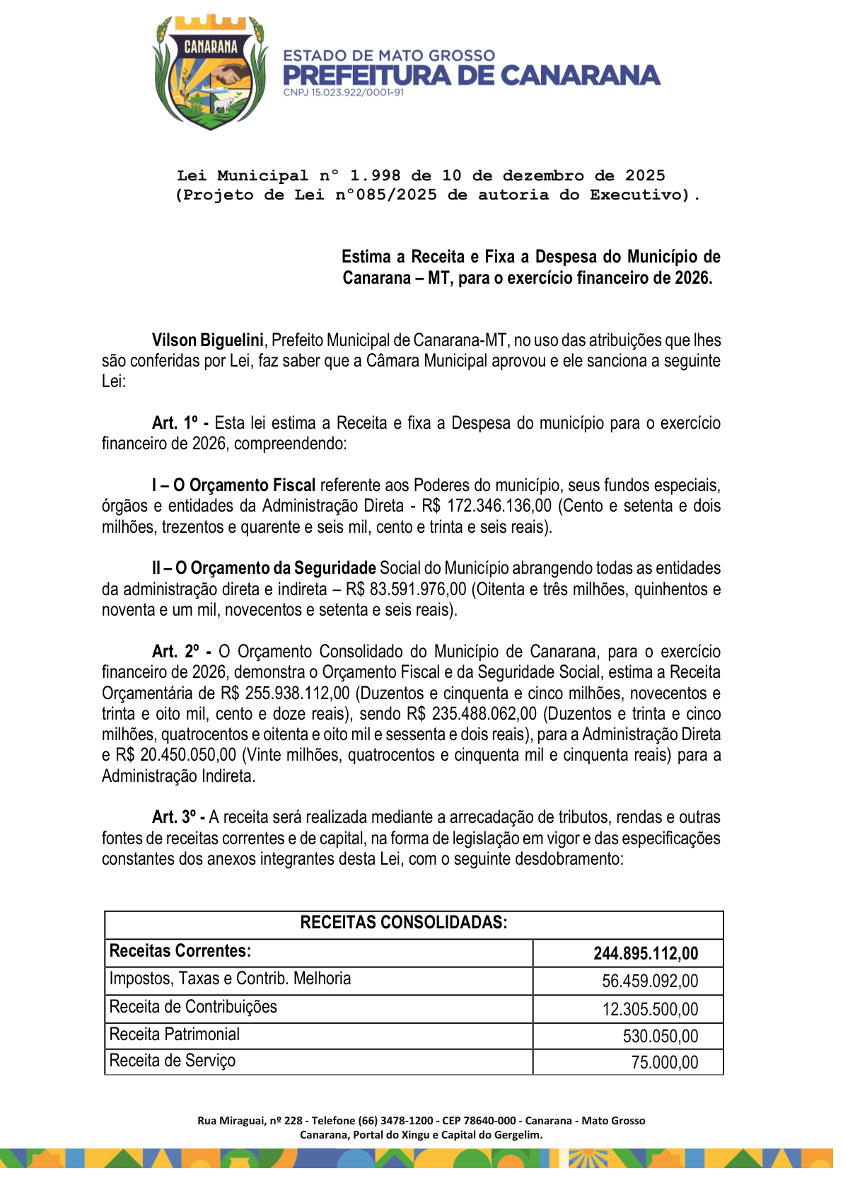Página 1 | Lei Municipal nº 1.998 de 10 de dezembro de 2025 - ANEXOS